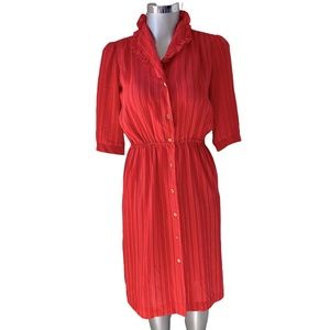 Vintage 80’s Midi Dress Orange Lightweight Office Button Down Ruffle Grannycore